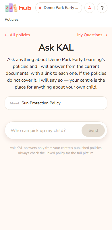 Ask KAL on a phone opened from a policy. A bar labelled About names the Sun Protection Policy above the question box.