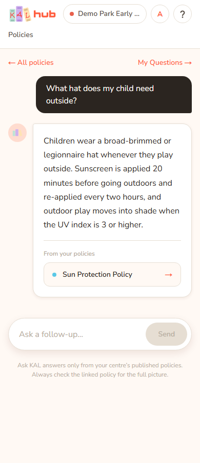 Ask KAL on a phone with one question and an example answer about sun hats. Under the answer, From your policies lists the Sun Protection Policy as a link.