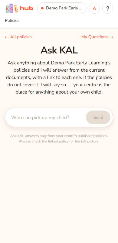 Ask KAL on a phone before any question: the heading Ask KAL, a sentence about asking about the centre's policies, and the question box with the Send button.