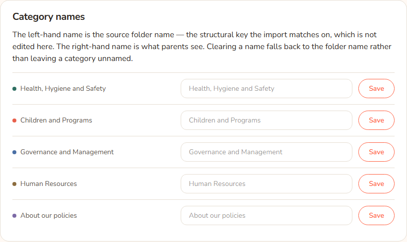 The Category names section of Settings. Each row shows a coloured dot and the original folder name, a box holding the name families see, and a Save button. Demo categories such as Health, Hygiene and Safety and Human Resources are listed.