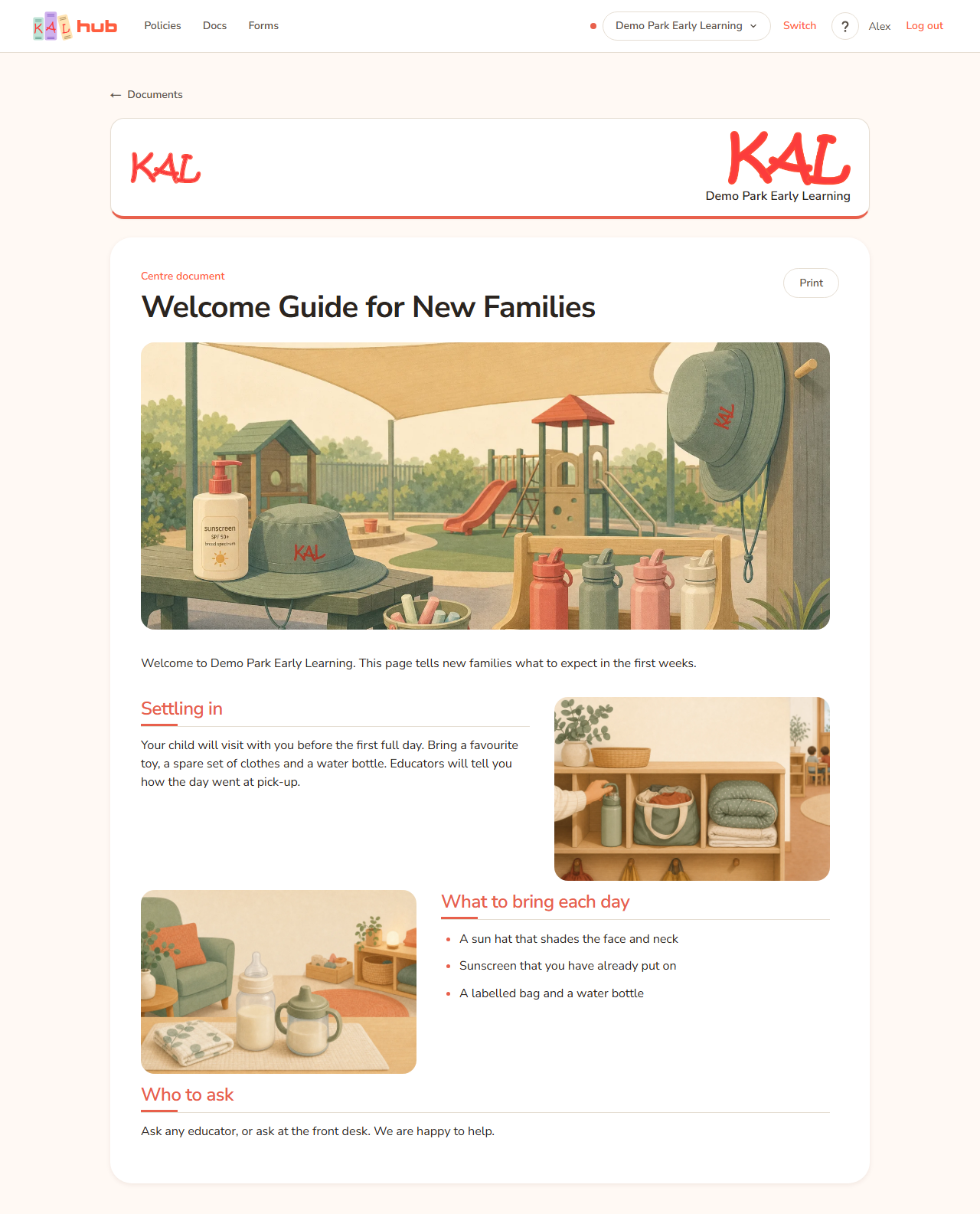 A Friendly centre page as a family sees it, on a wide screen. A picture runs across the top, then the title Welcome Guide for New Families. The headings are in the centre's colour and pictures sit beside some sections.