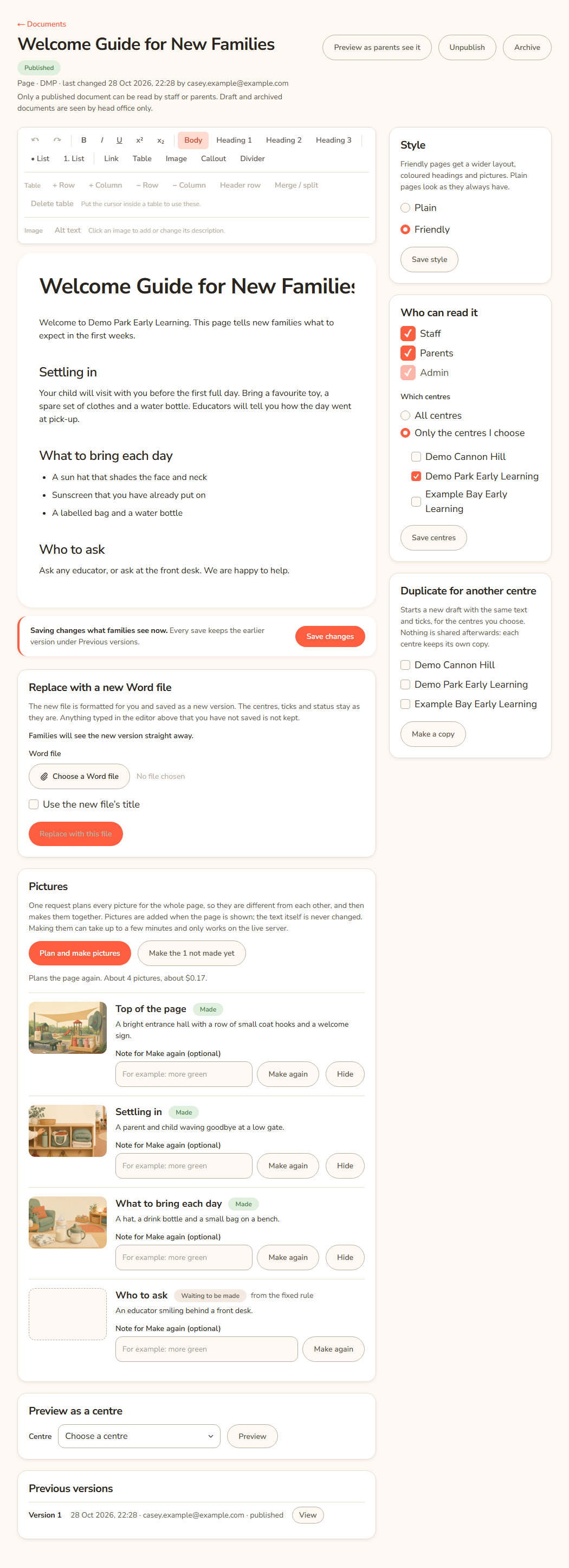 The page of one centre document. The title and status are at the top with the buttons Preview as parents see it and Unpublish. On the right is the Who can read it box with the Staff, Parents and Admin ticks. The Style card and the Pictures box are below.