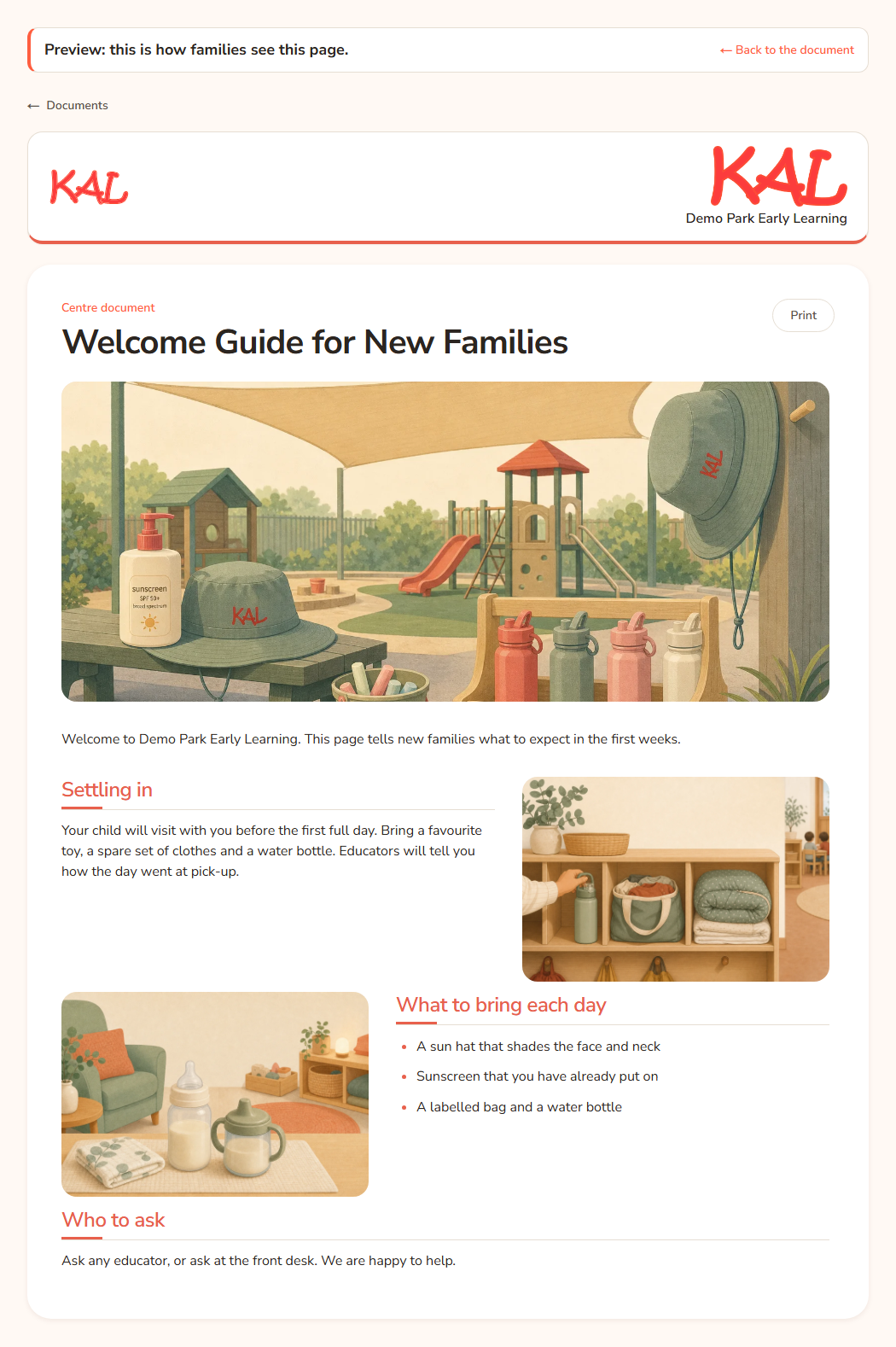 The preview of a centre document. A bar at the top reads Preview: this is how families see this page, with a Back to the document link. The page below it is drawn the way a family sees it.