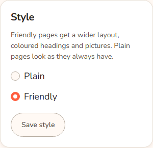 The Style card on a centre document page. It has two round choices, Plain and Friendly, with Friendly chosen, and a Save style button below them.