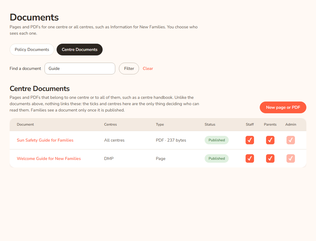 The Documents page in the console with two tabs, Policy Documents and Centre Documents. The Centre Documents tab is chosen. It shows a Find a document box, a New page or PDF button and a table with the columns Staff, Parents and Admin.