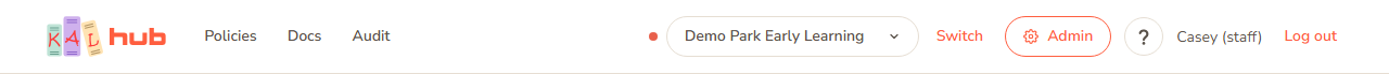 The Hub home page header for a head office user. At the right is a gear icon with the word Admin, next to a round ? help button and the account area with the signed-in name and the Log out button.