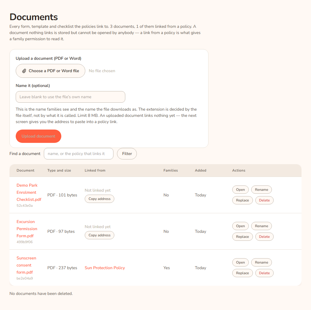The Documents page in the console. At the top is an upload box with a Choose a PDF or Word file button, an optional Name it box and an Upload document button. Below it is a Find a document filter and a table listing three demo documents (one linked from the Sun Protection Policy) with Open, Rename, Replace and Delete buttons on each row.
