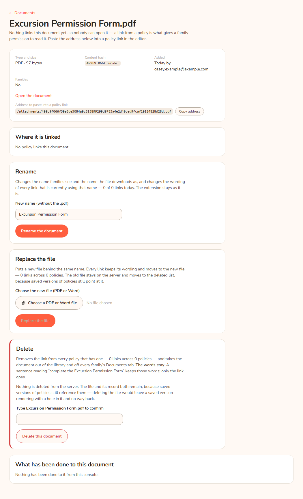 The page for one document, Excursion Permission Form. It shows the type and size, who added it, an Open the document link and the address to paste into a policy link, then a Where it is linked panel, then the Rename, Replace the file and Delete sections.