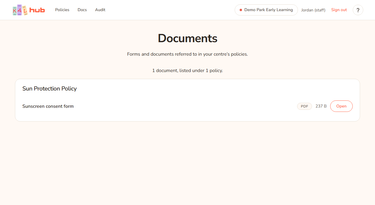 The Documents page on a computer for staff. Under the heading, the Sun Protection Policy is listed with its document, Sunscreen consent form, a PDF label, a size and an Open link.