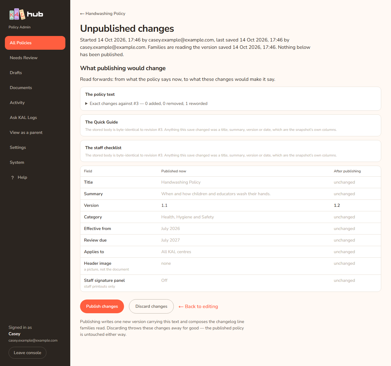 The Compare with live page listing what publishing would change.