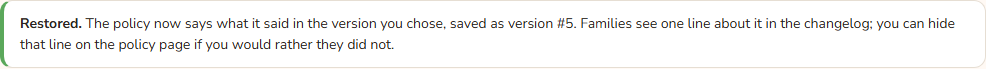 A green banner on the Versions page reading Restored with the new version number.