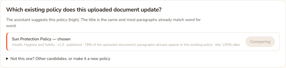 The match section of an upload for the Sun Protection Policy. The Sun Protection Policy is the one candidate, marked chosen, with 78% of the uploaded document's paragraphs already in it and a greyed button reading Comparing.