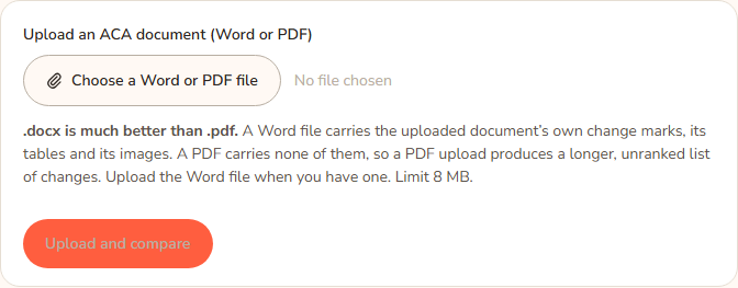 The upload box on the Policy updates page, with the file chooser and the Upload and compare button, before a file has been chosen.