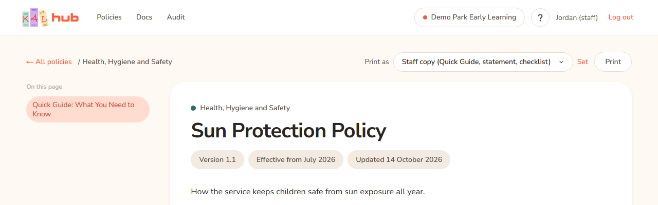 The Sun Protection Policy page for Jordan Sample with the Print as list set to Staff copy and the Set and Print buttons at the top right.