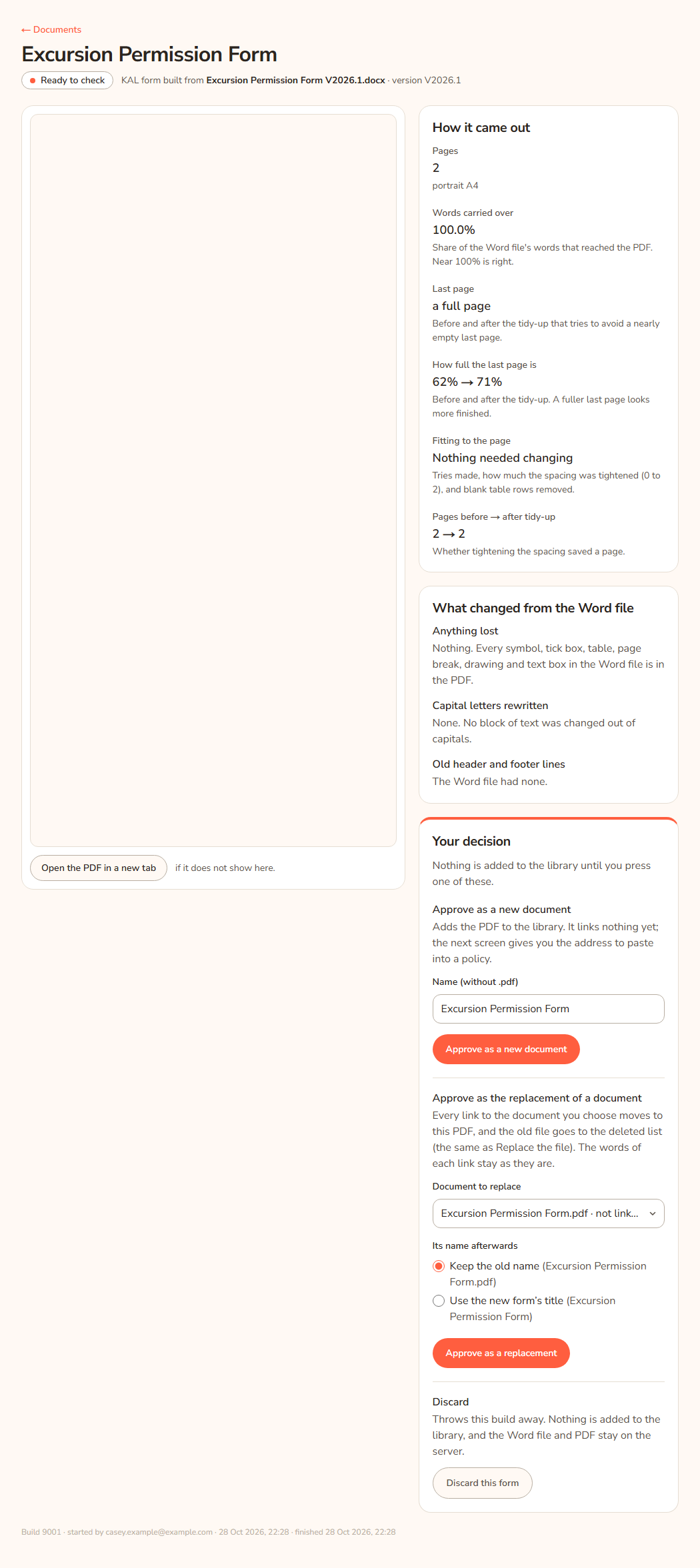 A form job in the Ready to check state. The PDF area is on the left with an Open the PDF in a new tab button. On the right are the boxes How it came out and What changed from the Word file, then Your decision with Approve as a new document, Approve as a replacement of a document and Discard this form.