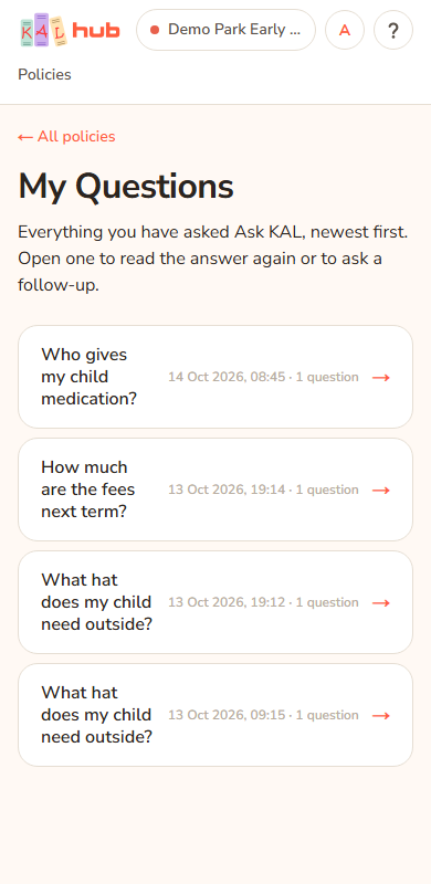 The My Questions page on a phone, listing two past conversations, each with its first question, a date and time, and 1 question.