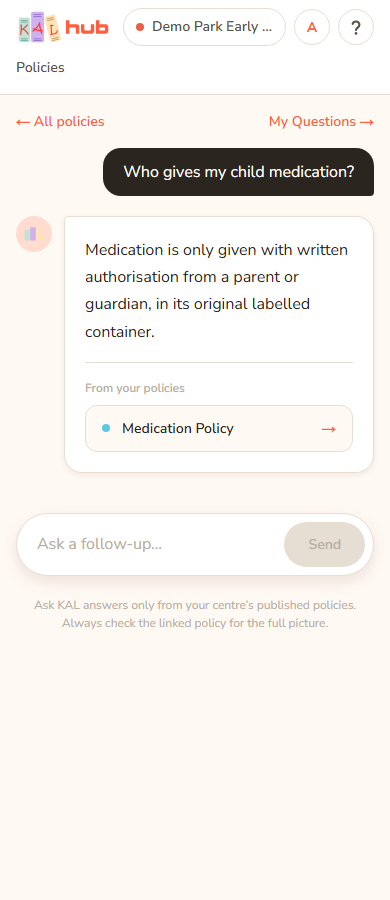 A past conversation open on the Ask KAL page on a phone, showing the question, the answer, the From your policies link and the follow-up box.