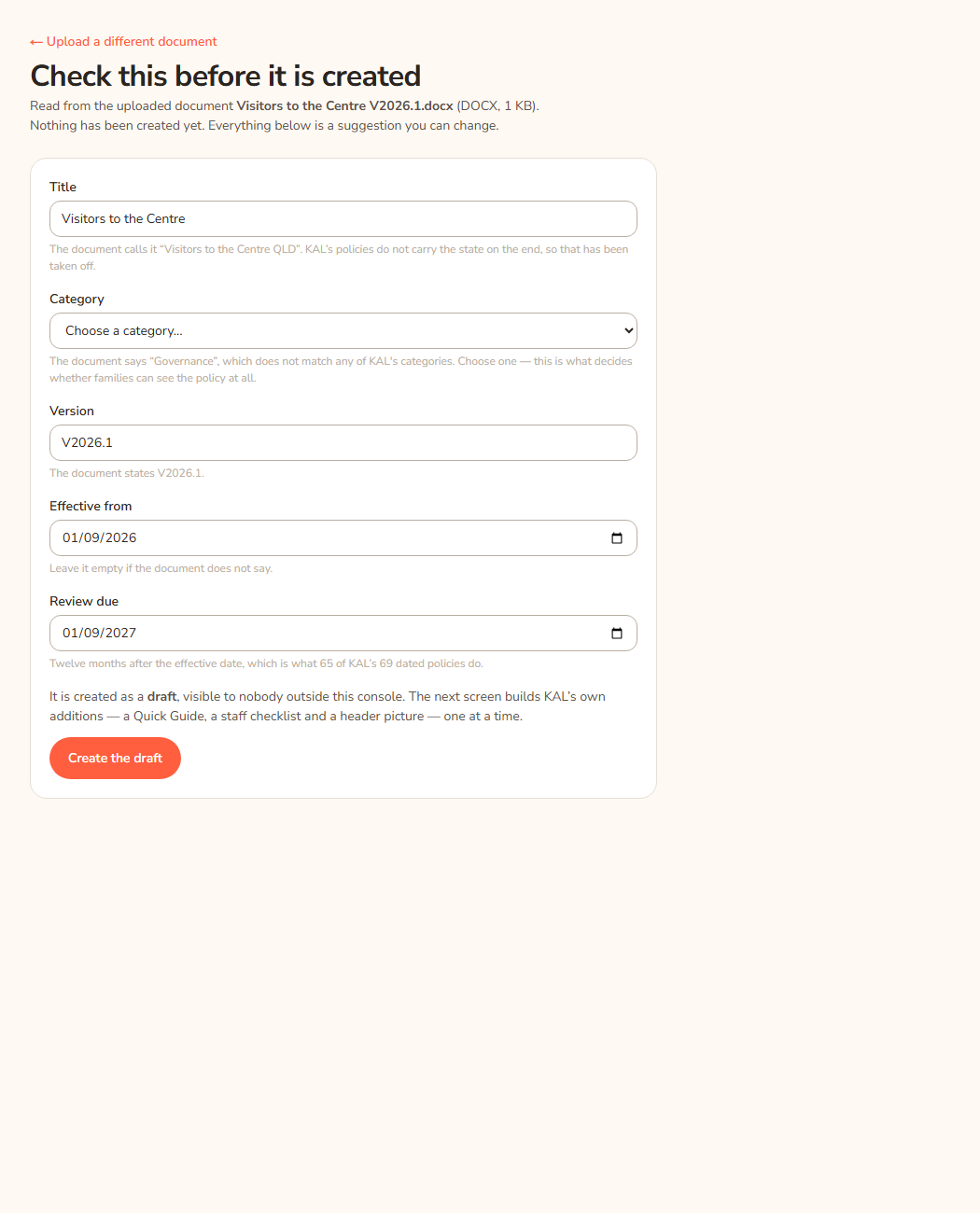 The screen headed Check this before it is created. A form shows Title, Category, Version, Effective from and Review due, with a hint under each. Title, Version and the dates are filled in from the uploaded document; Category is still blank because the document's category did not match one of KAL's, so it must be chosen. At the bottom is the Create the draft button and a note that it is created as a draft.