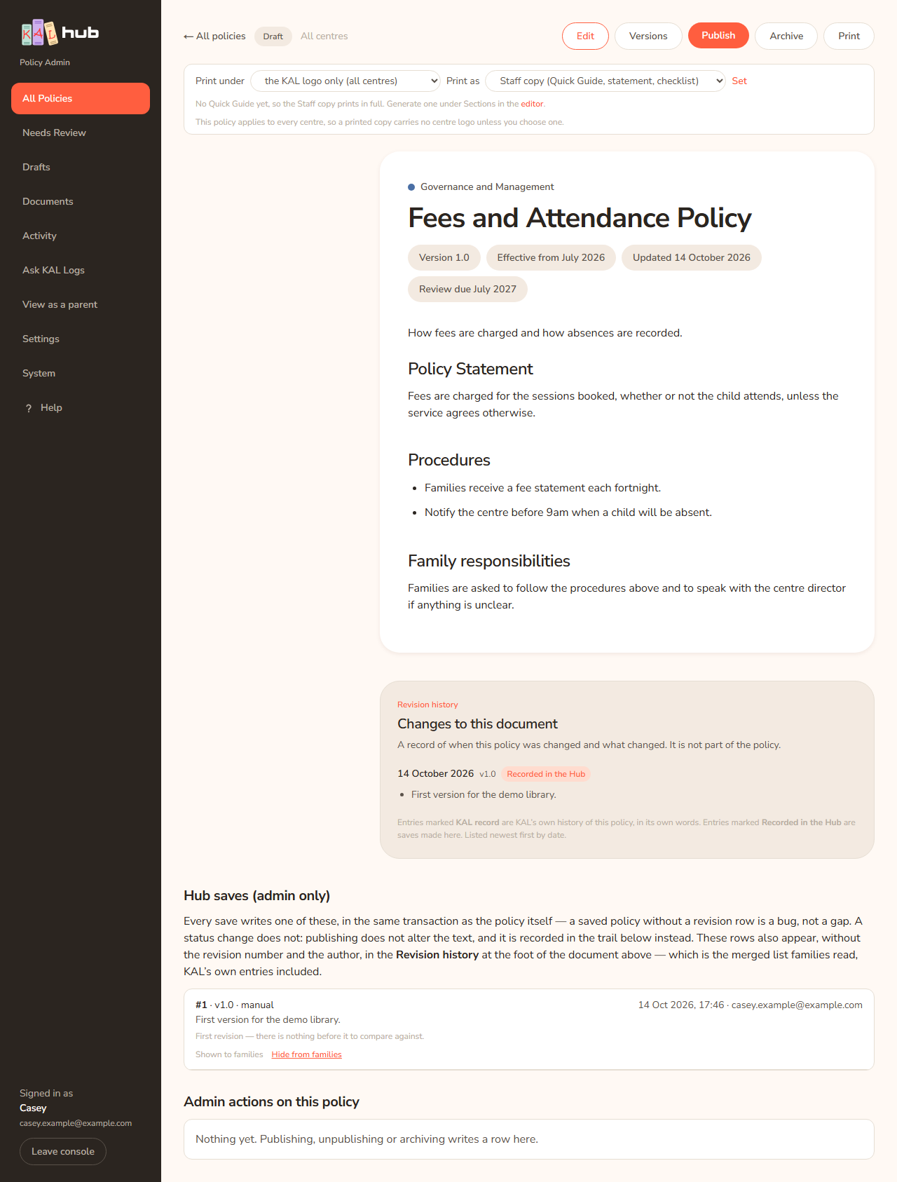 The top of a draft policy page. The pill reads Draft and the buttons are Edit, Versions, Publish, Archive and Print.