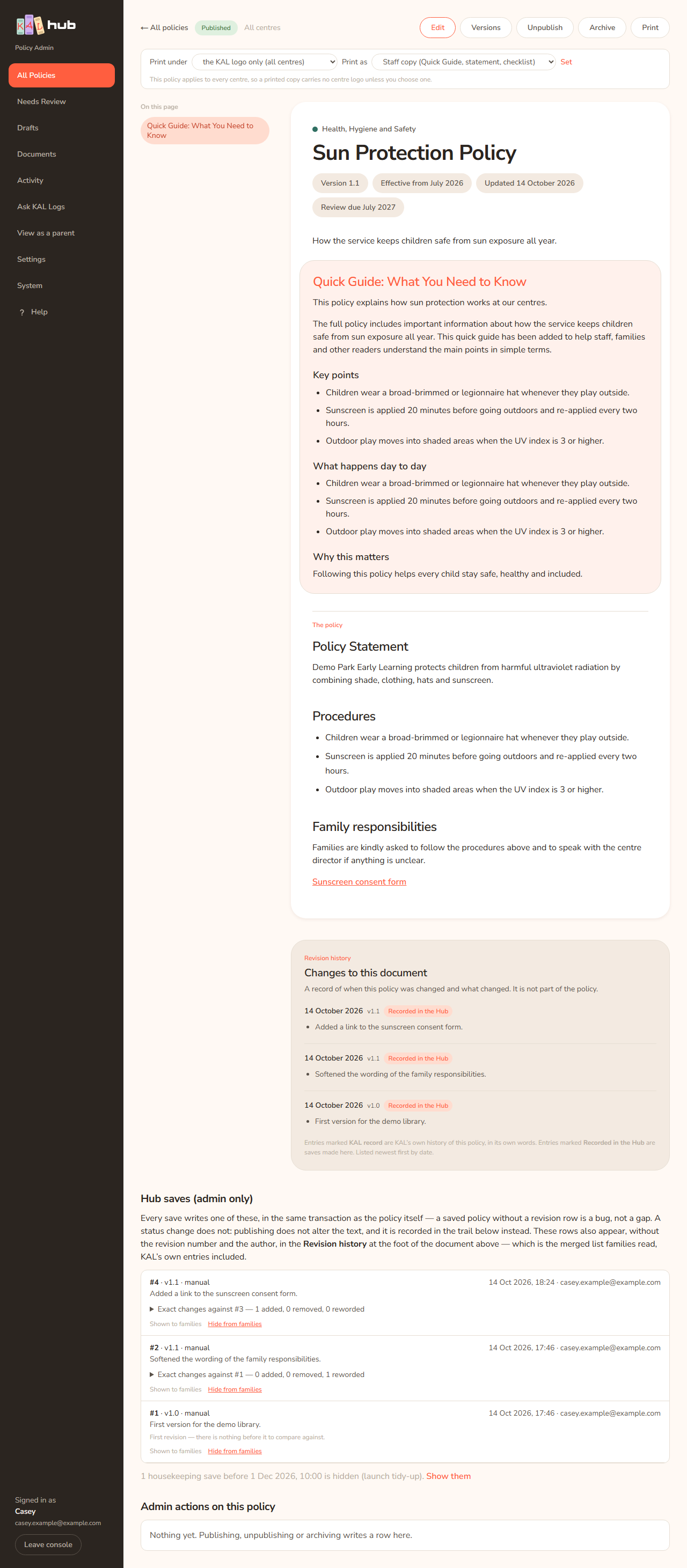 A published policy page in the console. The top row shows the link All policies, the Published pill and the centres, then the buttons Edit, Versions, Unpublish, Archive and Print. Below are the Print under and Print as menus with a Set button, then the policy itself.