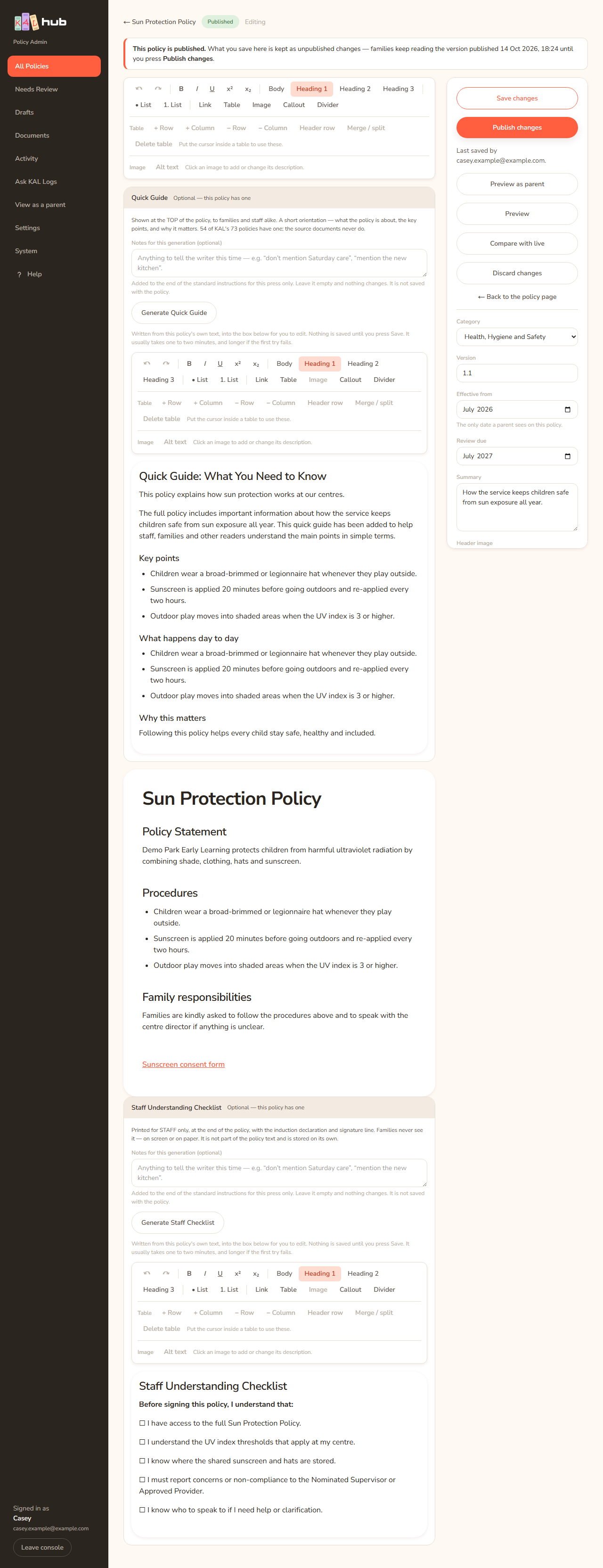 The policy editor. A Formatting toolbar sits above the policy page with the title in a large box. A strip above explains that saving a published policy keeps unpublished changes. A side panel on the right holds Save changes, Preview as parent, Category, Version, dates, Summary and Applies to.