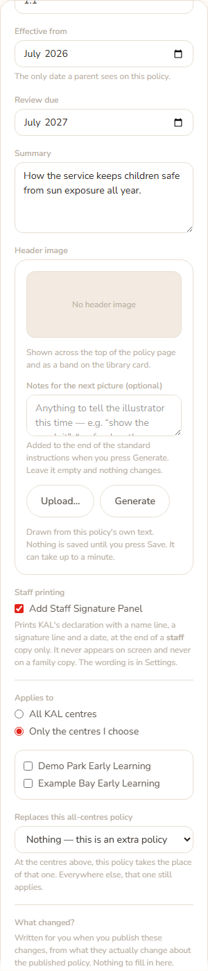 The editor side panel with Applies to set to Only the centres I choose. A list of centre tick boxes and a menu Replaces this all-centres policy appear below it.