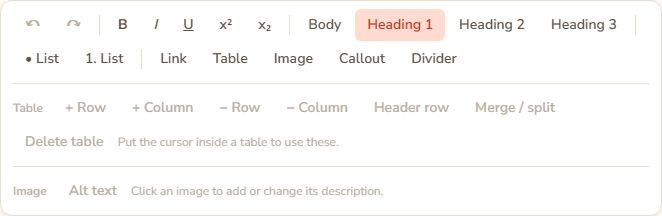 The Formatting toolbar: undo and redo, B I U, superscript and subscript, Body and Heading 1 to 3, list buttons, Link, Table, Image, Callout and Divider, then a greyed Table row and a greyed Image row.