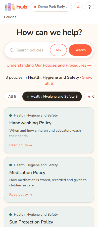The Policies page on a phone after pressing the Health, Hygiene and Safety chip. The line above the chips reads that many policies are in Health, Hygiene and Safety, with a Show all link, and only that category's cards are listed.