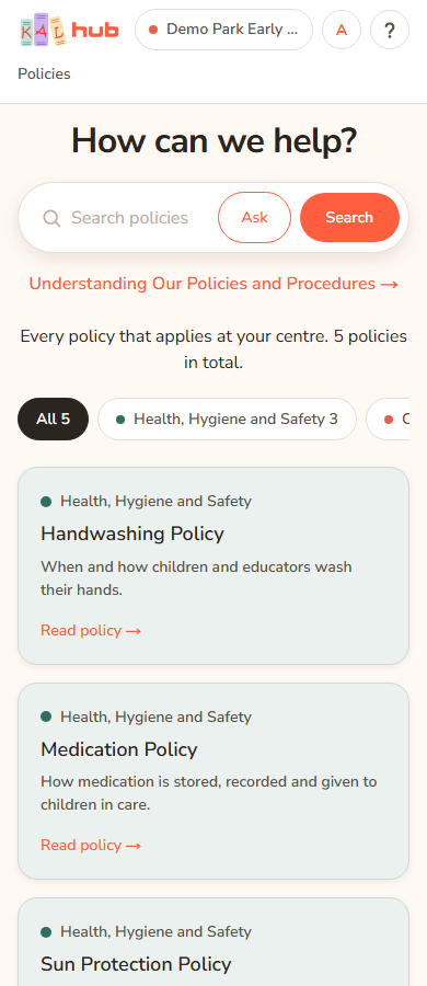 The Policies page on a phone, headed How can we help. Below it is the search box with the Ask and Search buttons, then a row of category chips starting with All, then policy cards for Demo Park Early Learning.