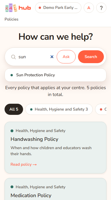 The Policies page on a phone with the letters sun typed in the search box. A short drop-down under the box lists matching policy names, with Sun Protection Policy among them.