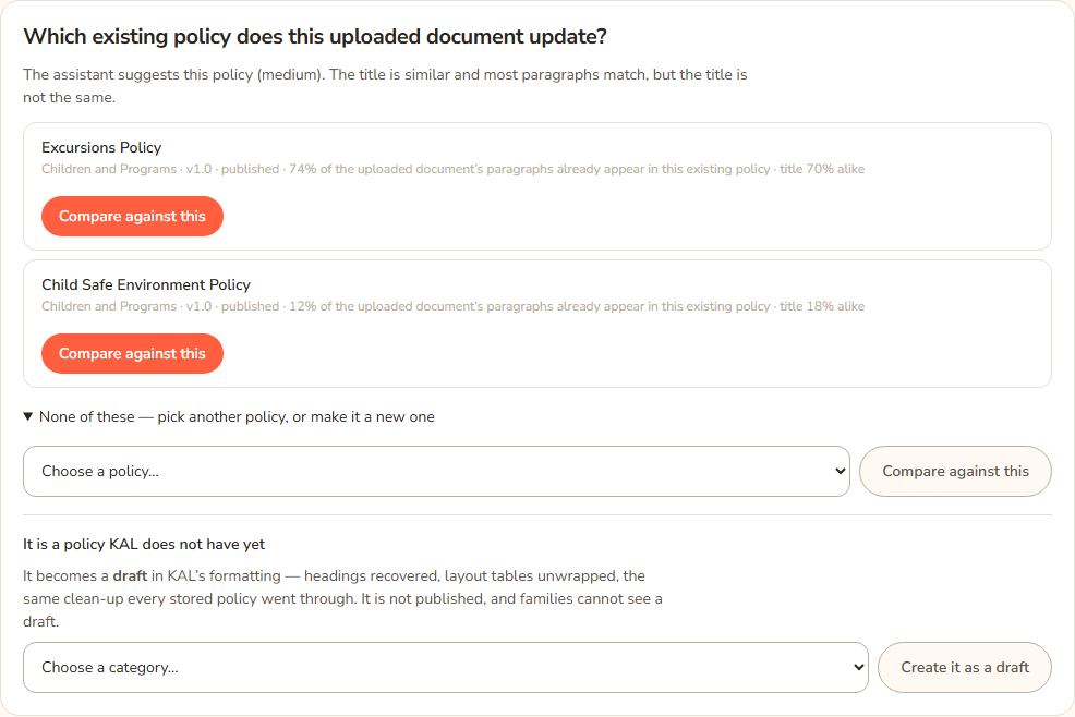 The None of these section opened. It has a Choose a policy drop-down with a Compare against this button, and a second form headed It is a policy KAL does not have yet with a category drop-down and a Create it as a draft button.
