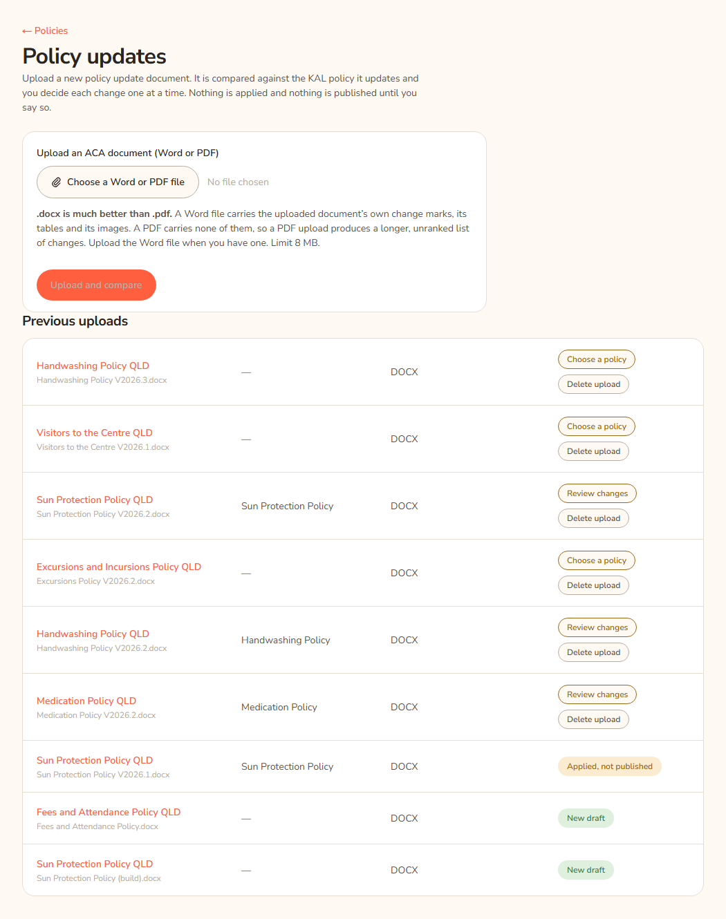 The Policy updates page. At the top is the upload box with Upload and compare. Under Previous uploads each row shows the title, file name, the matched policy, Word or PDF, and a status such as Choose a policy, Review changes or Applied, not published.