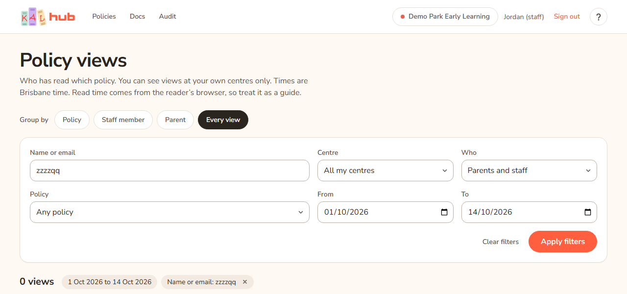 The Policy views report with a search that matched nobody. A box reads No policy views match these filters, with a link to clear the filters.