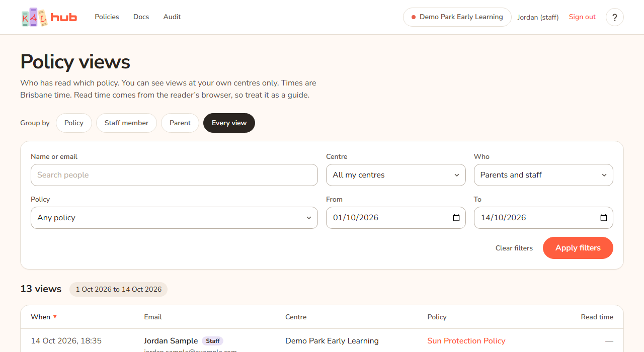 The Policy views report grouped by Every view: one row per view, with sortable columns When, Email, Centre, Policy and Read time.