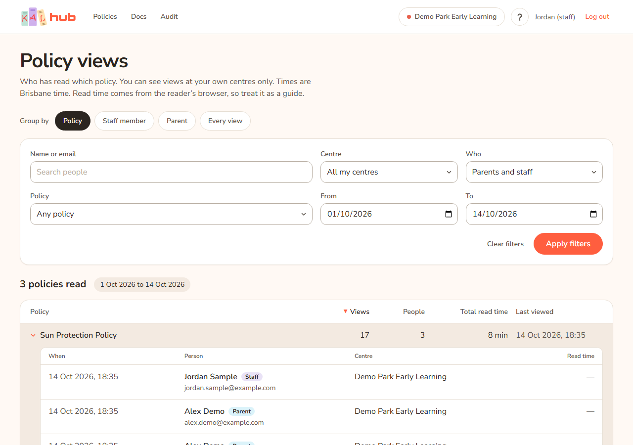 The Policy views report on a computer grouped by policy. One policy row is open and lists each view with a date, a person tagged Parent or Staff, the centre and the read time.