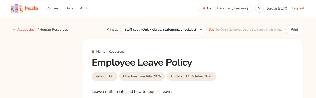The top of the Employee Leave Policy page for a staff member. Next to the Print as list is the note No Quick Guide yet, so the Staff copy prints in full.