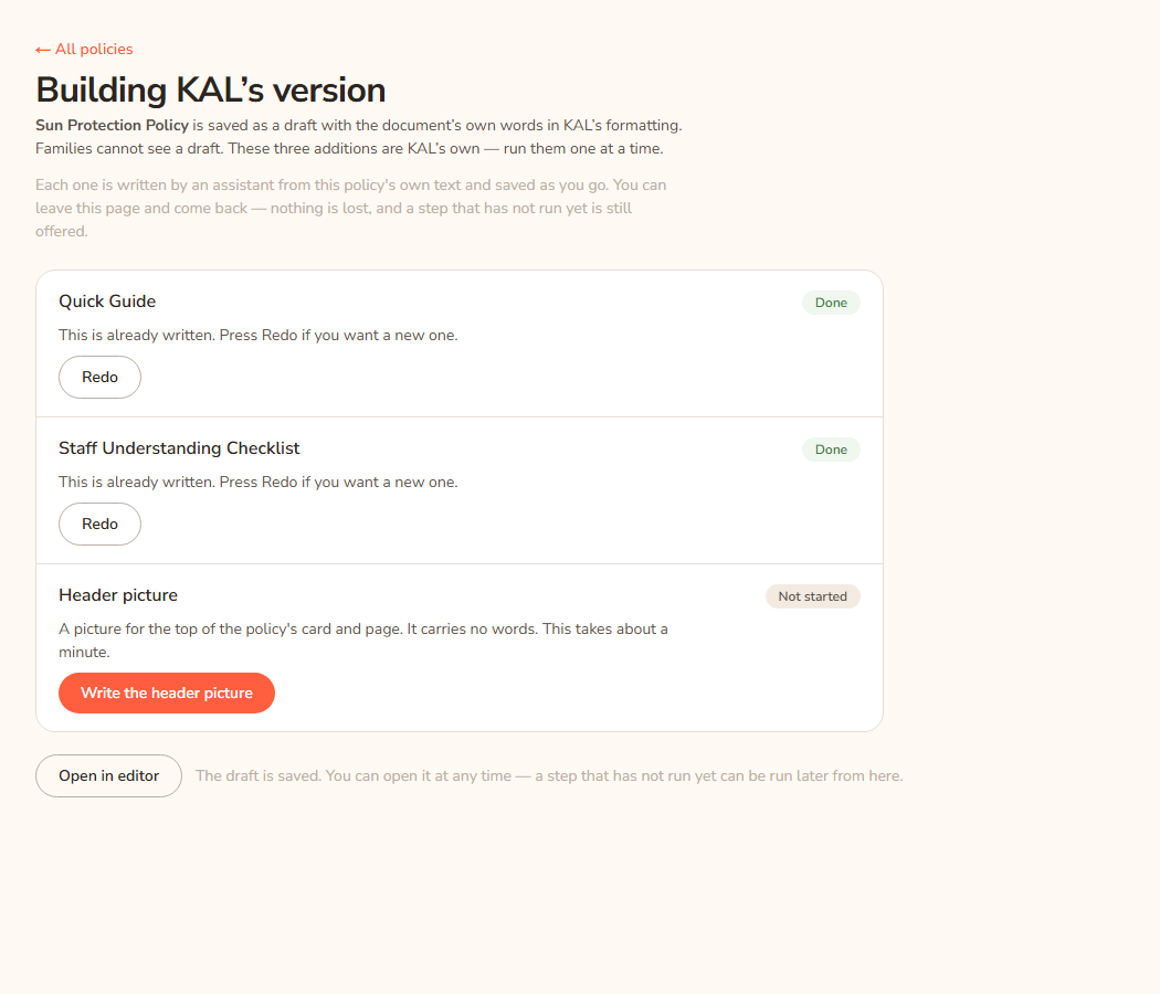 The Building KAL's version screen for the Sun Protection Policy. The Quick Guide and Staff Understanding Checklist rows show a green Done pill and a Redo button. The Header picture row is still Not started and has a Write the header picture button.