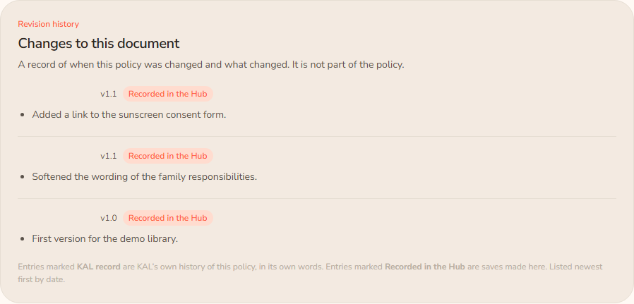 The Changes to this document section at the foot of a policy, with entries tagged Recorded in the Hub, each with a version and a note, and the line explaining the tags.