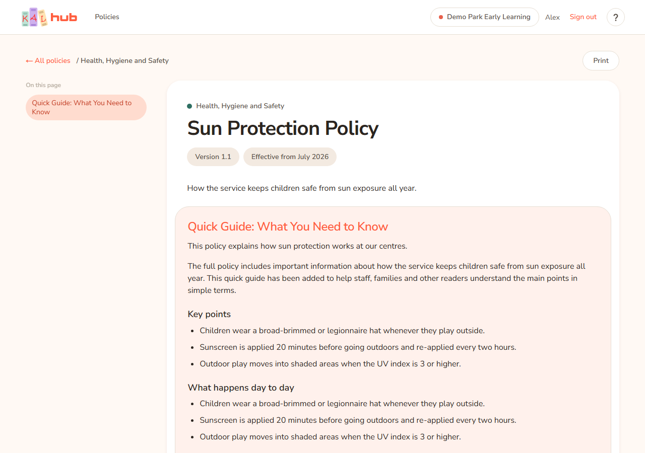 A policy page on a computer. The On this page list sits at the left with the current heading highlighted, and the policy sits to its right.