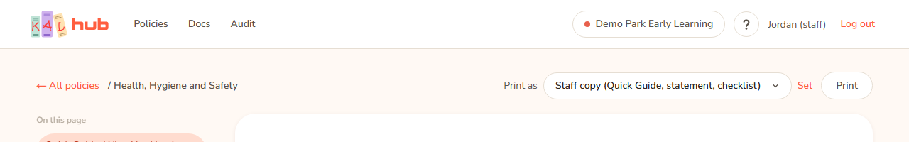 The button row at the top right of a policy page for a staff member: the Print as list set to Staff copy, the Set button, and the Print button.