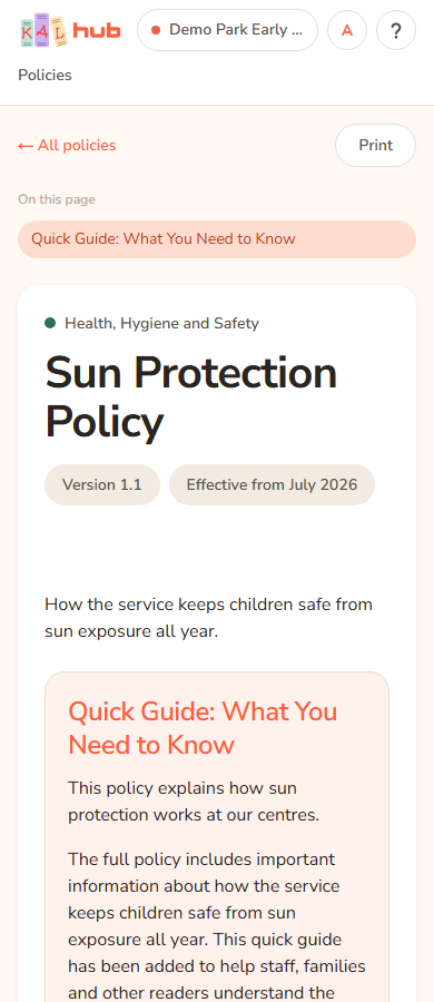 The top of the Sun Protection Policy on a phone: a back link, the category name, the title, the Version and Effective from labels, a short summary and the boxed Quick Guide.