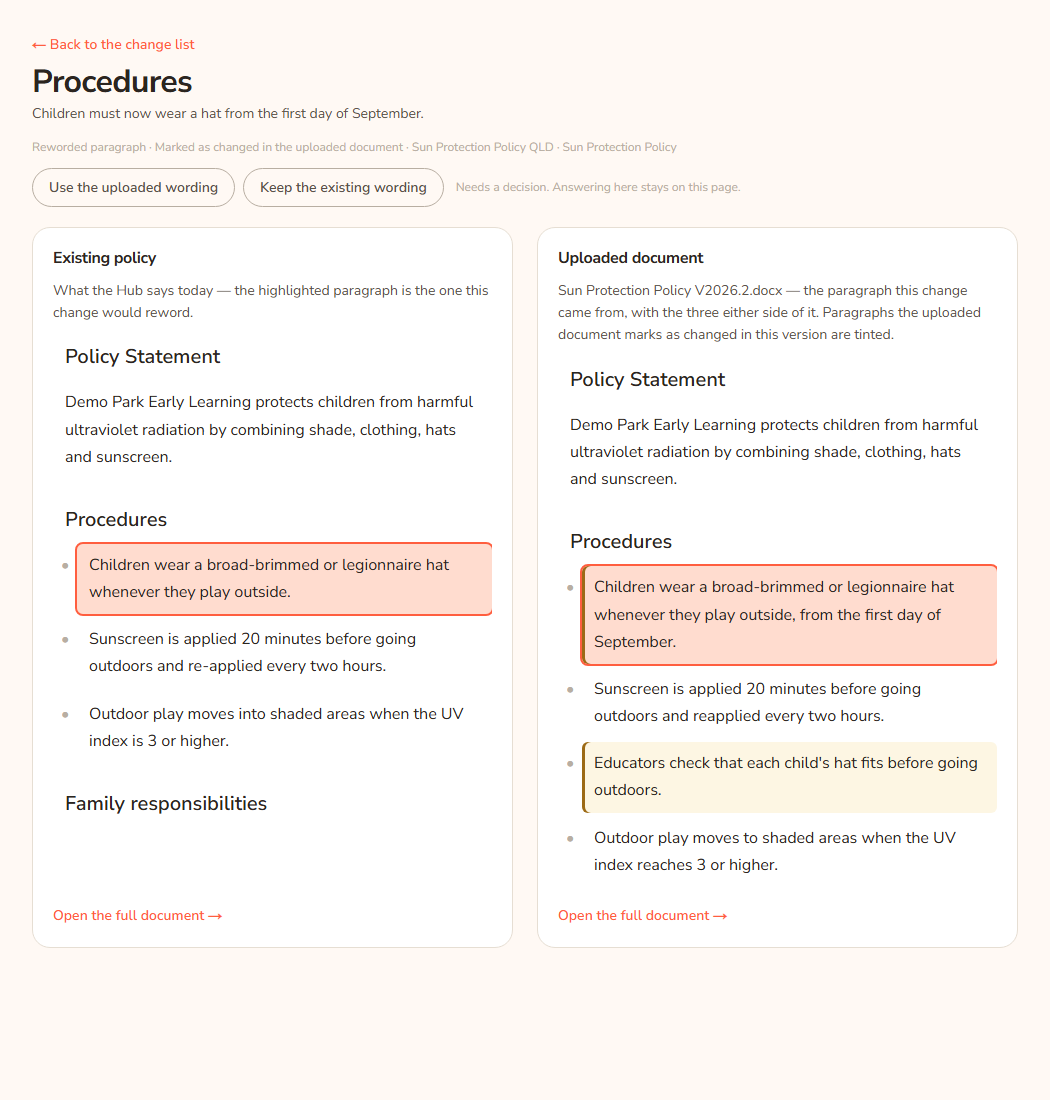 The see it in context page. The Existing policy is on the left with the relevant paragraph highlighted, the Uploaded document is on the right with the paragraphs around the change, and the same decision buttons are at the top.