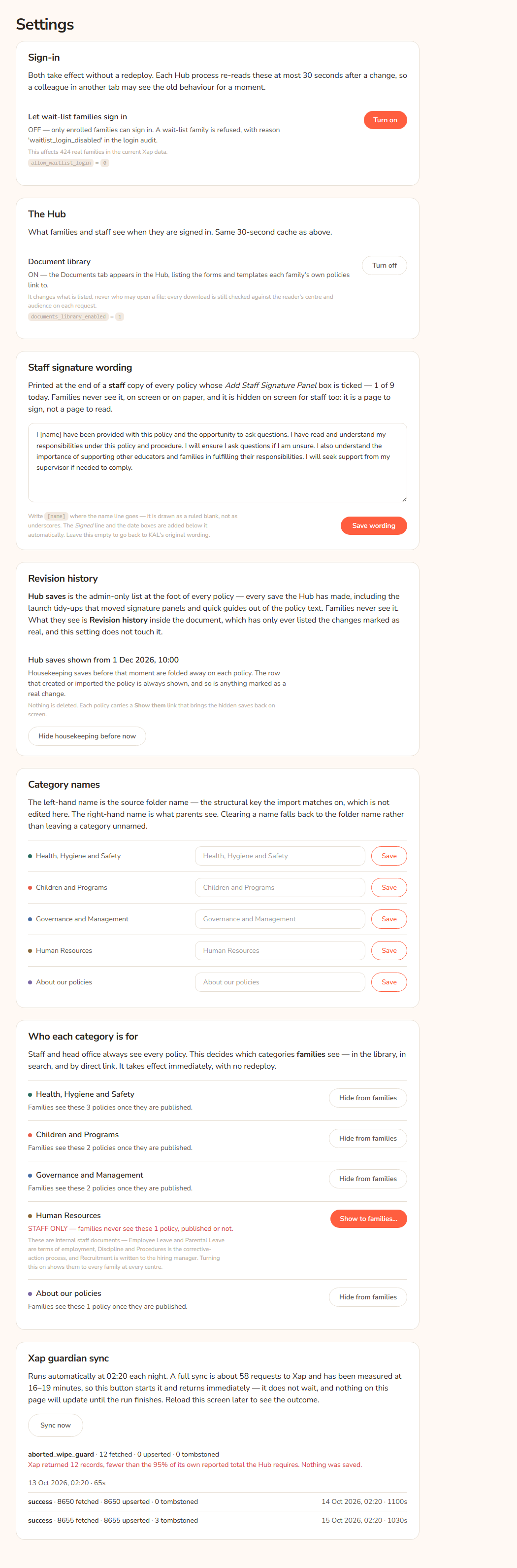 The lower half of the Settings page. It shows the Category names list with a name box and Save button per category, then Who each category is for with Hide from families buttons and Human Resources marked staff only, then the Xap guardian sync section with a Sync now button.
