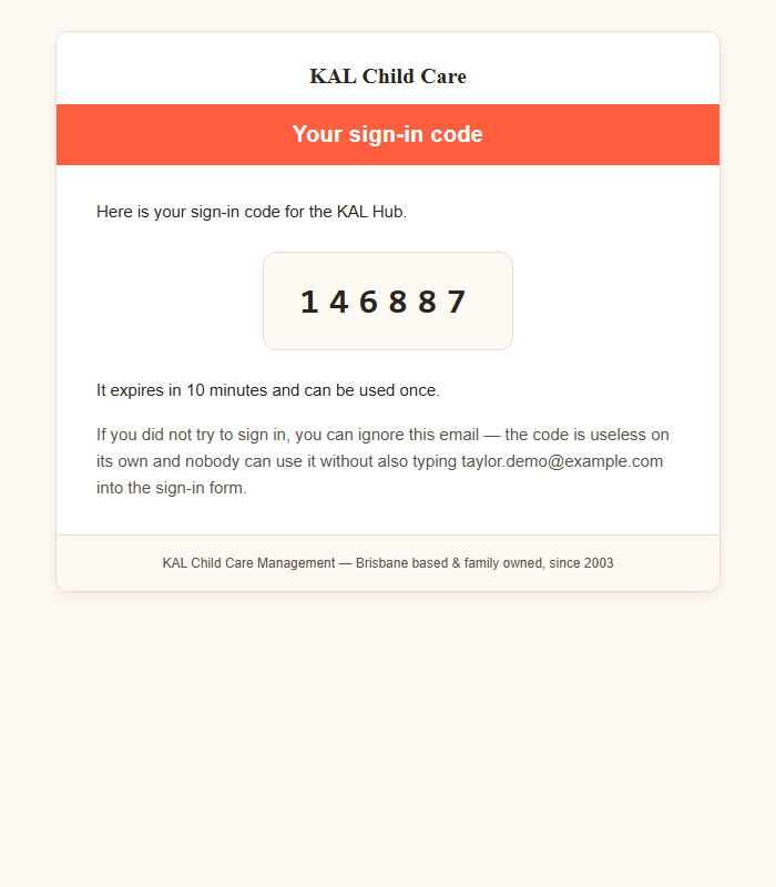The email Your KAL Hub sign-in code, showing the six digit code in a box and the line that it expires in 10 minutes and can be used once.
