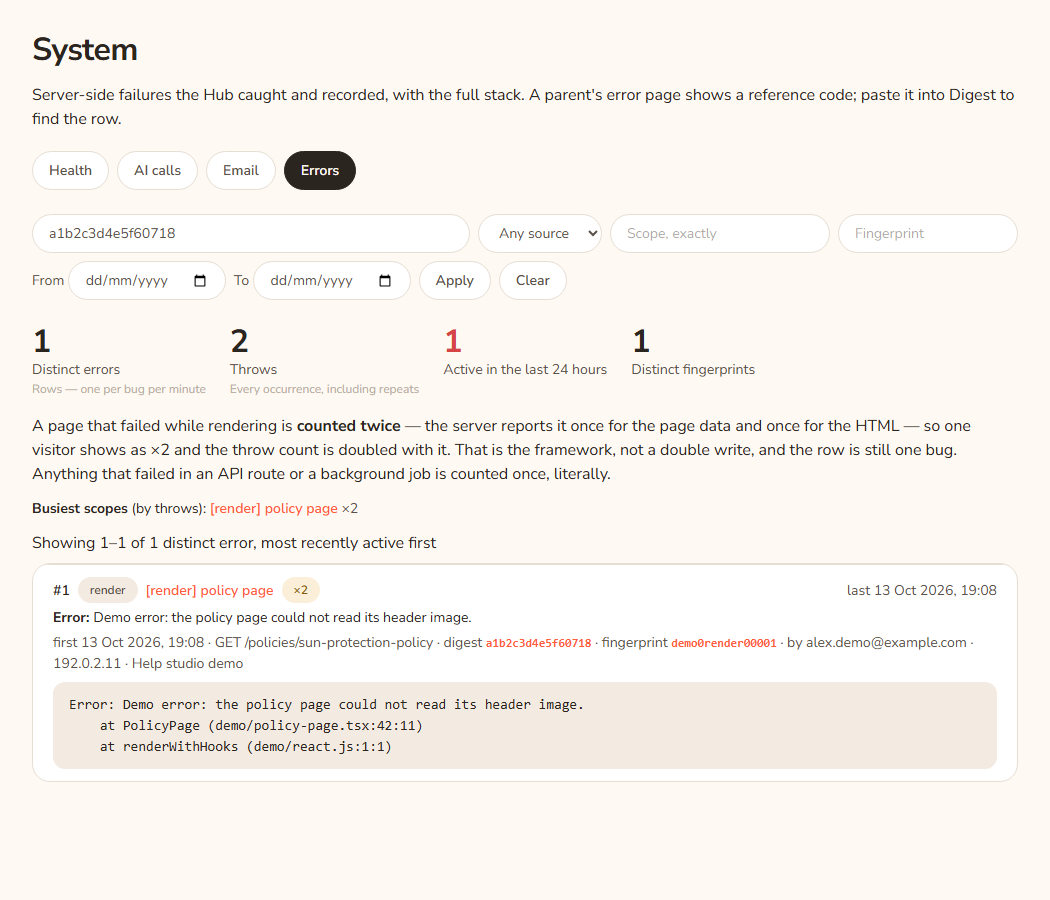 The Errors tab filtered by a reference code in the Digest box. One row matches and shows its scope, message, page address, digest, fingerprint and stack.