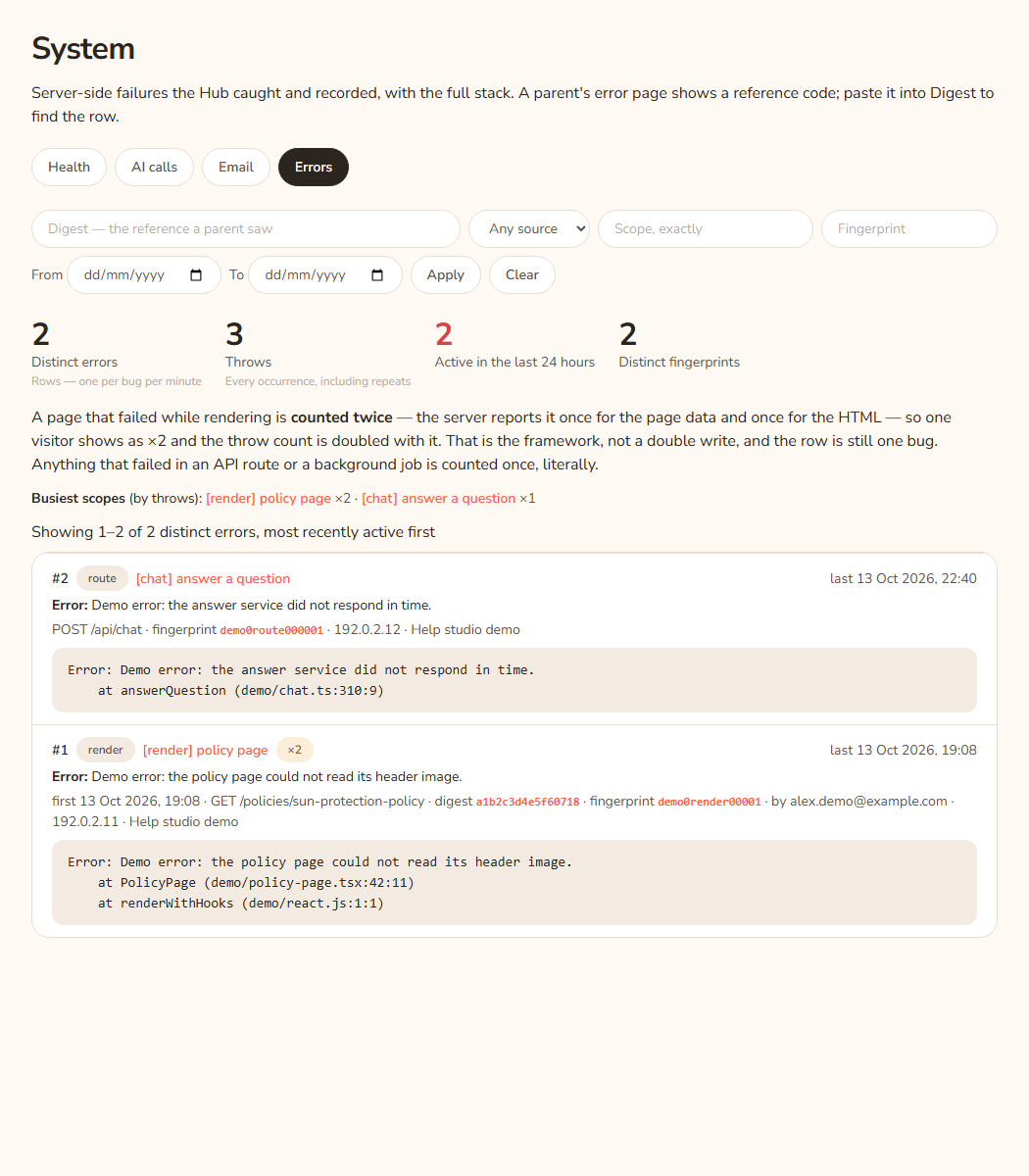 The Errors tab. Figures show Distinct errors, Throws, Active in the last 24 hours and Distinct fingerprints. A note explains the times-two count. Error rows show the scope, message and a times-two pill.