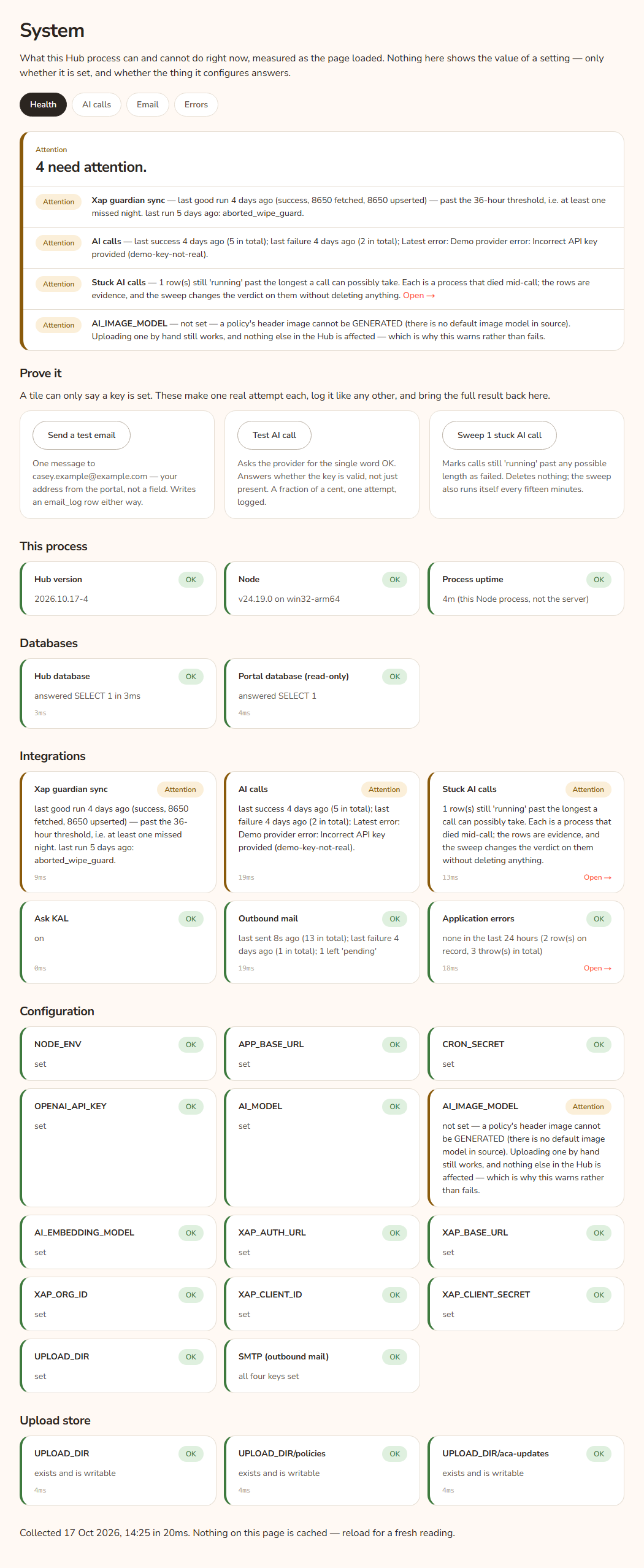 The System screen on the Health tab. A box at the top gives a one-sentence verdict with rows for each problem. Below it, Prove it shows three cards: Send a test email, Test AI call and Sweep stuck AI calls.