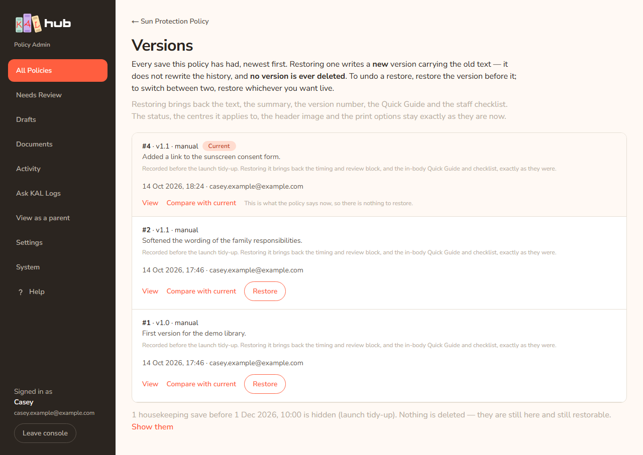 The Versions page. Each row shows a revision number, version label, change note and time. The newest row is tagged Current. Other rows have View, Compare with current and Restore.