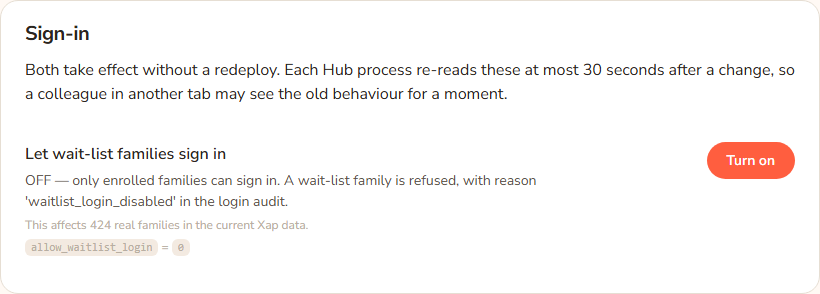 The Sign-in section of Settings with the wait-list switch off. The title reads Let wait-list families sign in. The line below says OFF and that only enrolled families can sign in. A Turn on button is on the right.