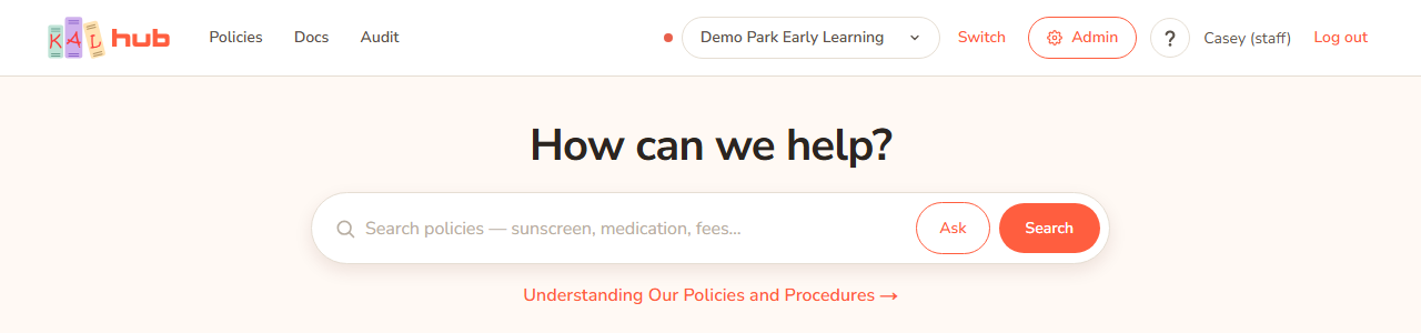 The header for head office: Policies, Docs and Audit tabs, an Admin button, the ? button and the account area with Log out.